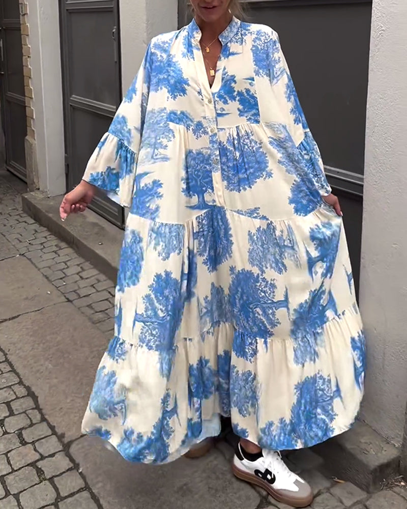 Una | Maxi Dress With Print Ruffle Sleeves Stand Collar