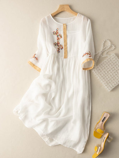 Lurela | Comfortable Linen Midi Dress with Embroidered Detail