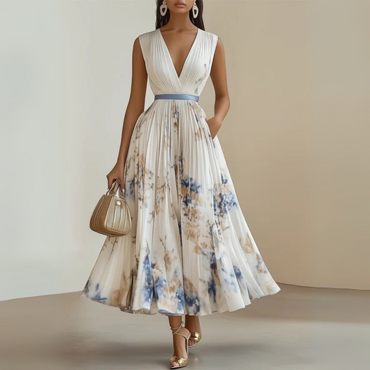 Georgina | Women’s pleated midi wedding guest dress with sleeveless fit