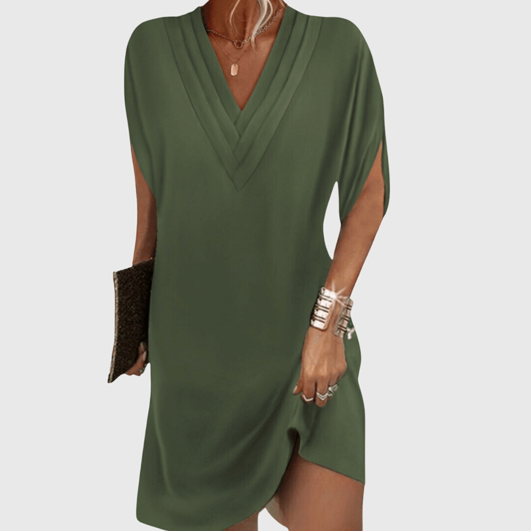 Nerisa | Women V Neck Loose Fit Mini Dress with Short Sleeves