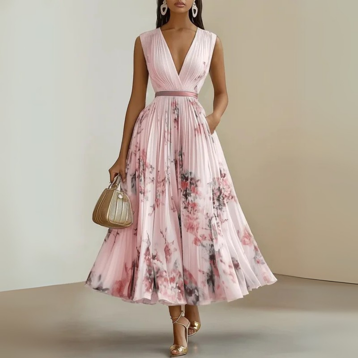 Georgina | Women’s pleated midi wedding guest dress with sleeveless fit