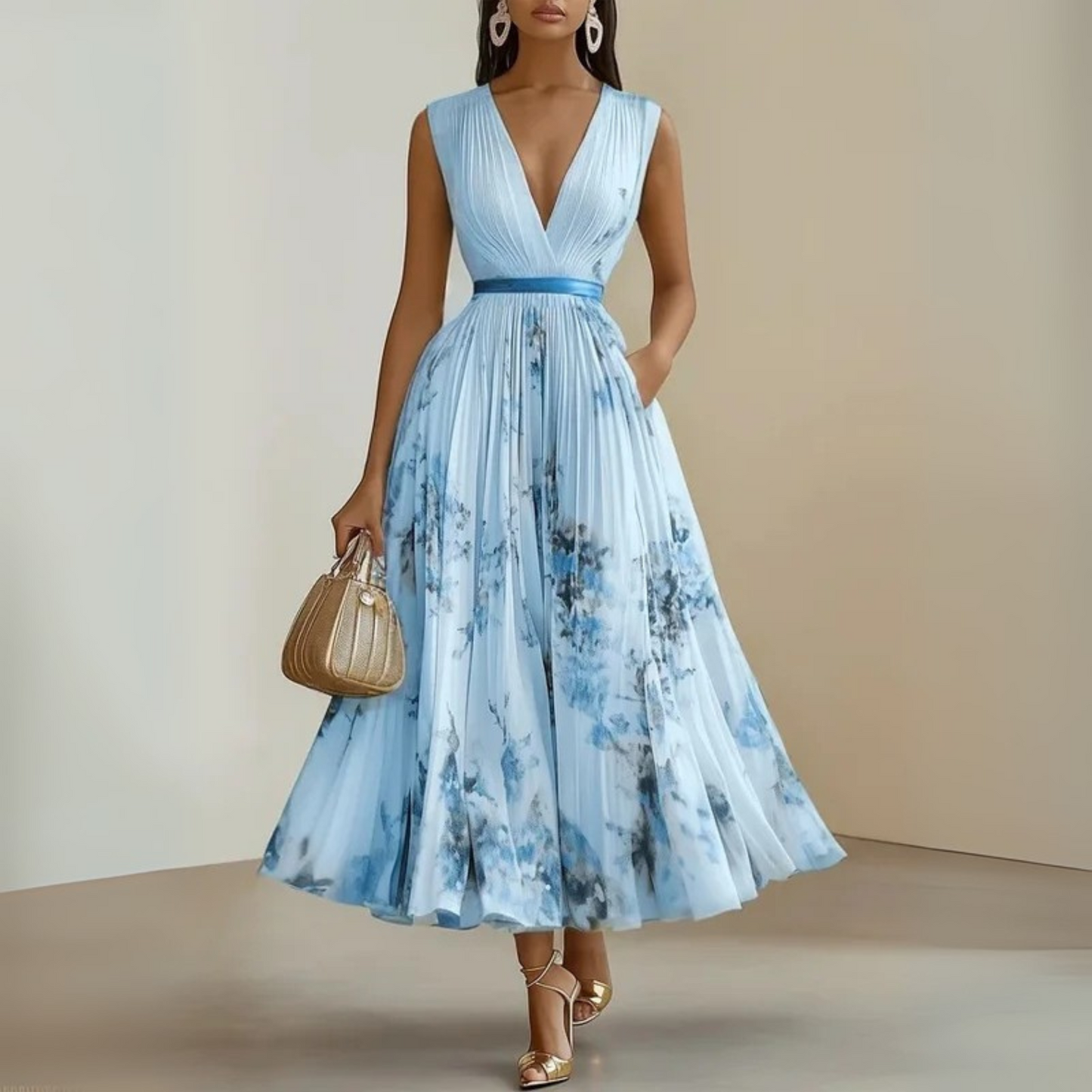 Georgina | Women’s pleated midi wedding guest dress with sleeveless fit