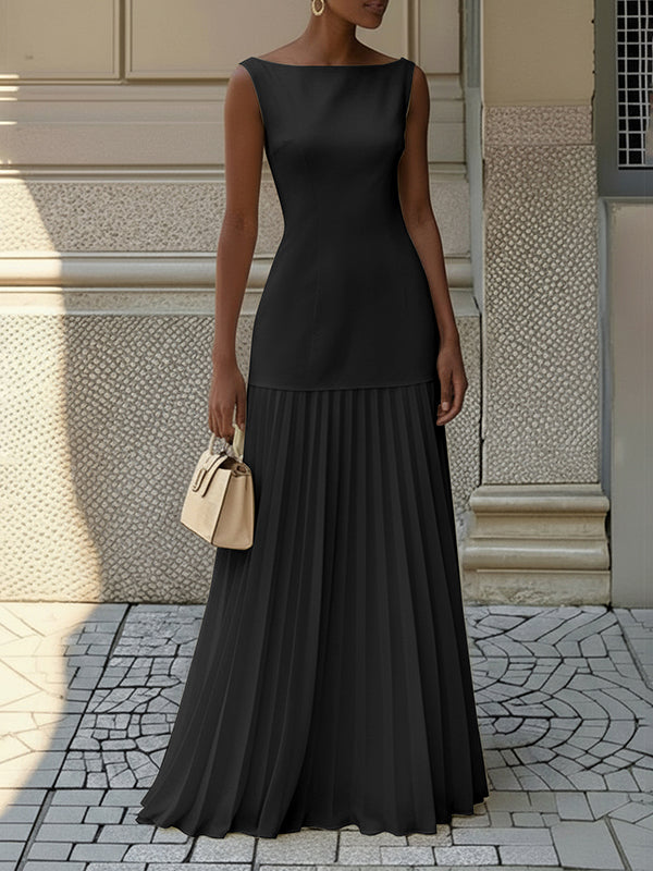 Florence | Pleated evening maxi dress with boat neck