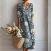 Erica | Linen Maxi Dress With Floral Print V Neck Long Sleeves
