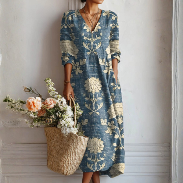 Erica | Linen Maxi Dress With Floral Print V Neck Long Sleeves