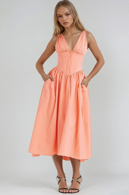 Philomena | Women’s floral V neck midi dress with fit and flare