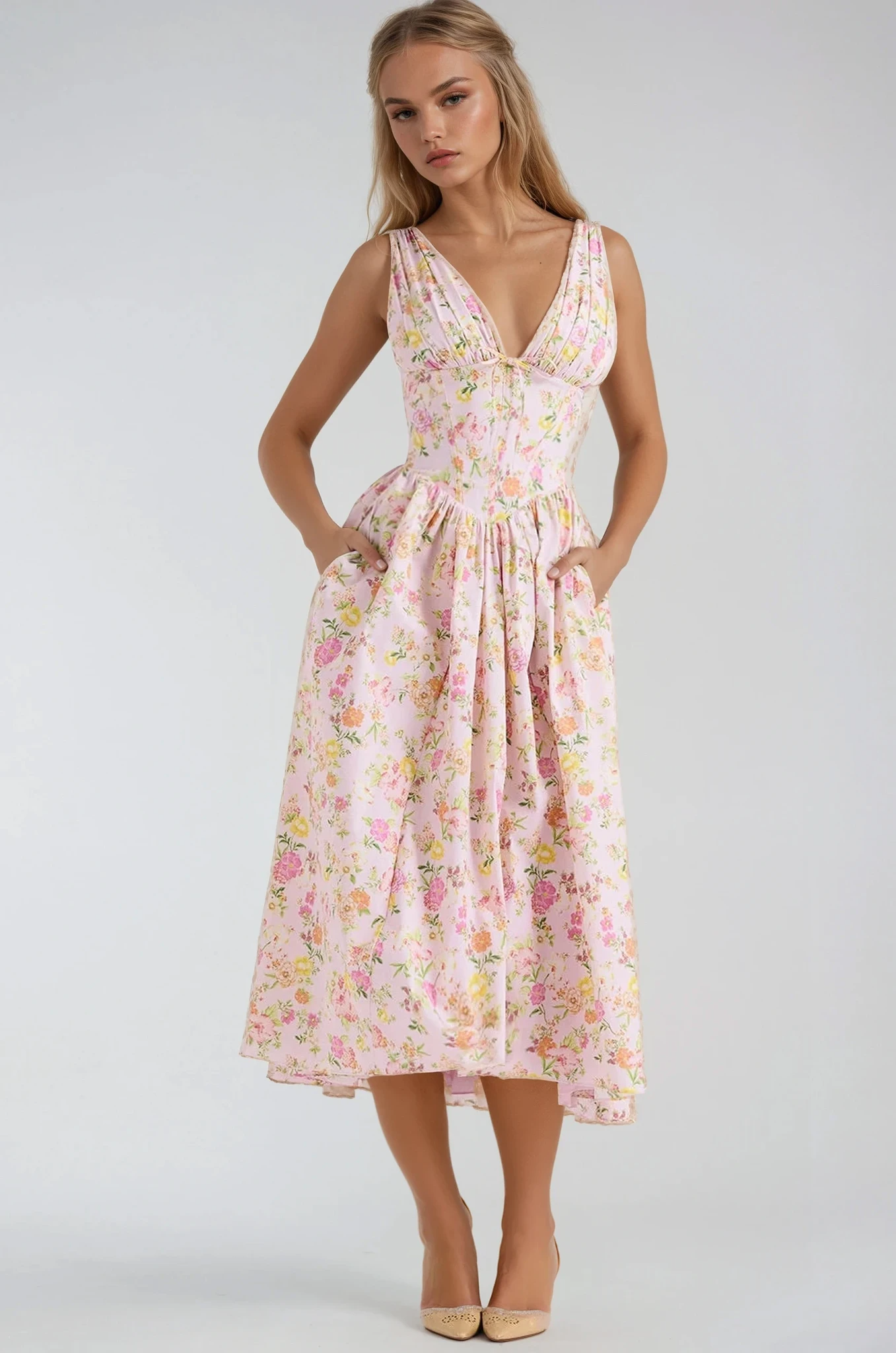 Philomena | Women’s floral V neck midi dress with fit and flare