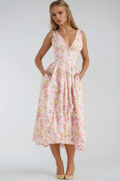 Philomena | Women’s floral V neck midi dress with fit and flare