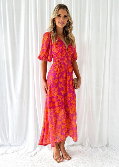 Indigo | Elegant floral midi dress with puff sleeves