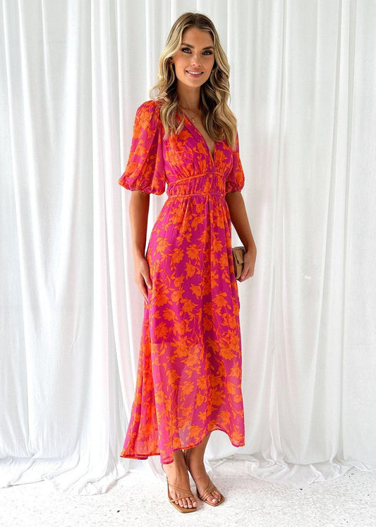 Indigo | Elegant floral midi dress with puff sleeves