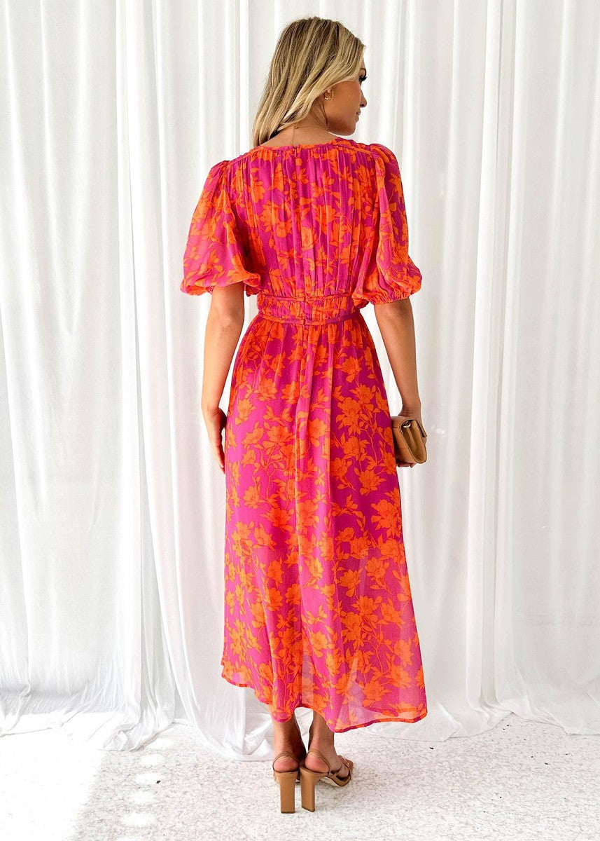 Indigo | Elegant floral midi dress with puff sleeves