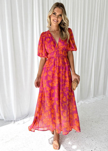 Indigo | Elegant floral midi dress with puff sleeves