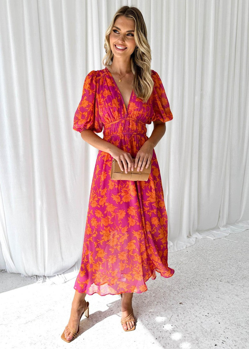 Indigo | Elegant floral midi dress with puff sleeves