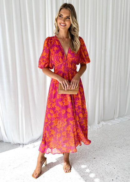 Indigo | Elegant floral midi dress with puff sleeves