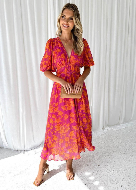 Indigo | Elegant floral midi dress with puff sleeves