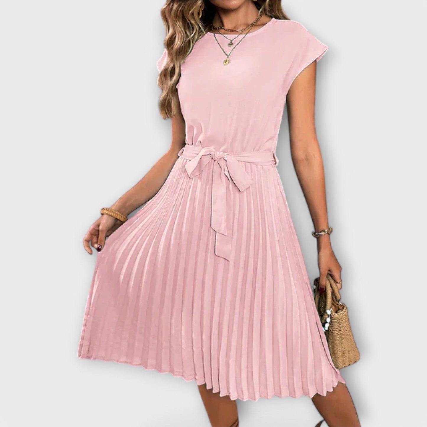 Georgina | Casual pleated midi dress with waist tie