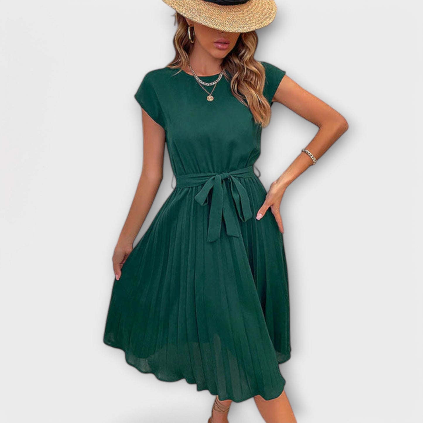 Georgina | Casual pleated midi dress with waist tie
