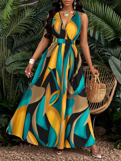 Harper | Women maxi dress with V neck abstract sleeveless print