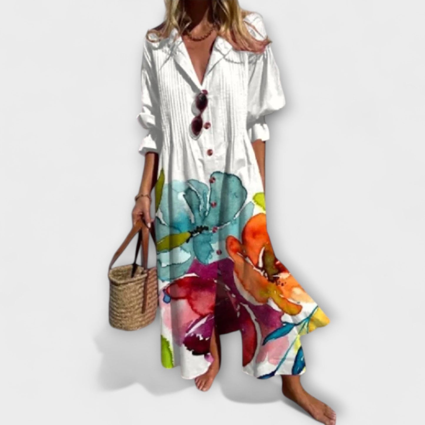 Lydia | Printed maxi dress with button front long sleeve