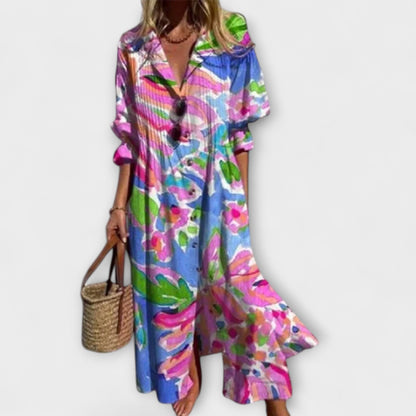 Lydia | Printed maxi dress with button front long sleeve