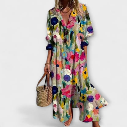Lydia | Printed maxi dress with button front long sleeve