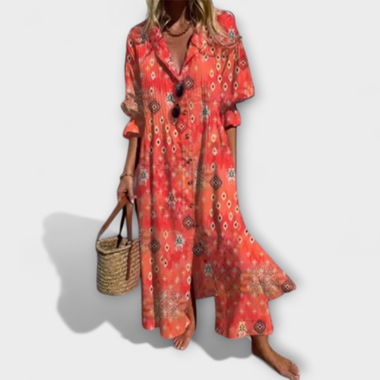 Lydia | Printed maxi dress with button front long sleeve