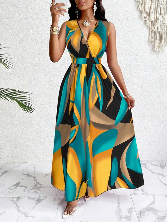 Harper | Women maxi dress with V neck abstract sleeveless print