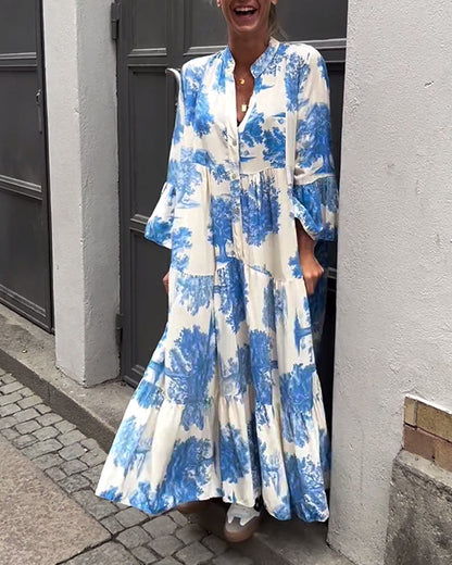 Una | Maxi Dress With Print Ruffle Sleeves Stand Collar