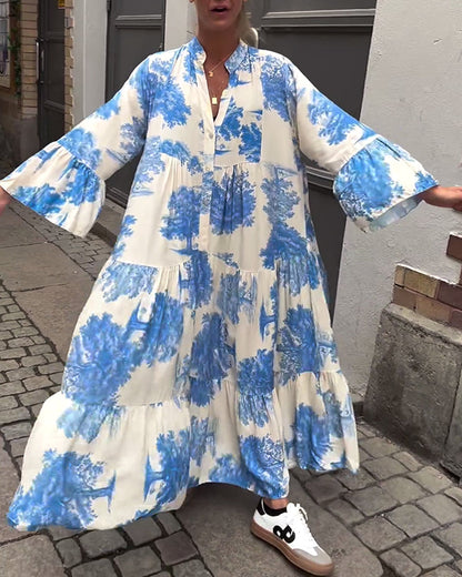 Una | Maxi Dress With Print Ruffle Sleeves Stand Collar