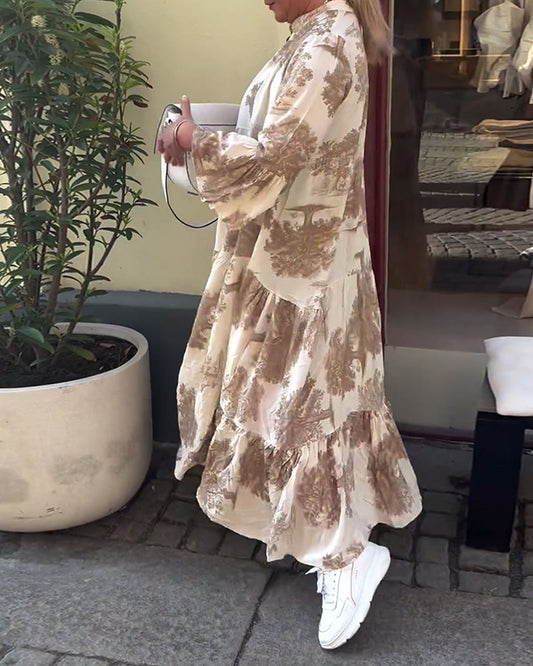 Una | Maxi Dress With Print Ruffle Sleeves Stand Collar