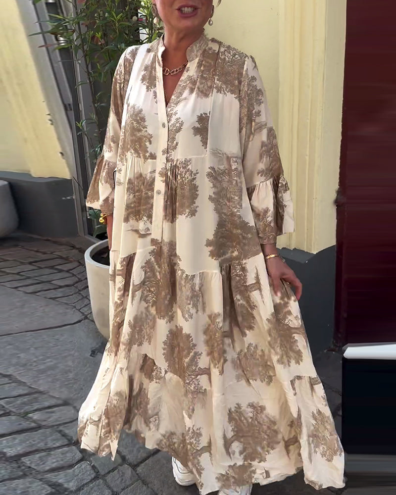 Una | Maxi Dress With Print Ruffle Sleeves Stand Collar