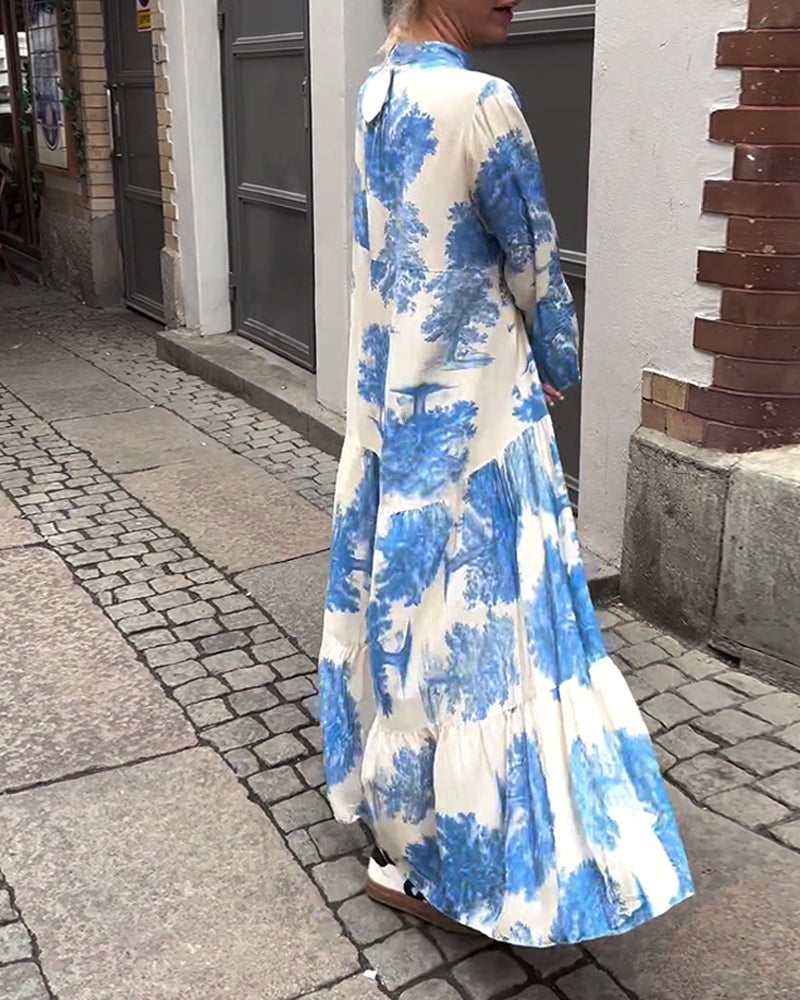 Una | Maxi Dress With Print Ruffle Sleeves Stand Collar