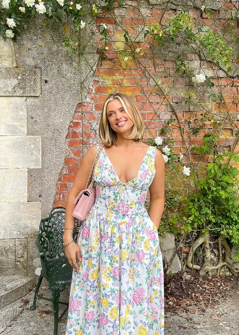 Philomena | Women’s floral V neck midi dress with fit and flare