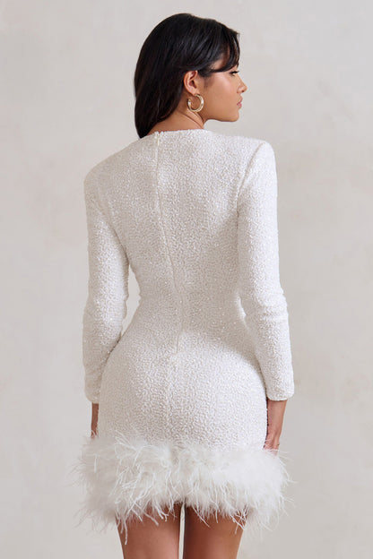 Cynthia | Mini Dress With Long Sleeves Feather Trim