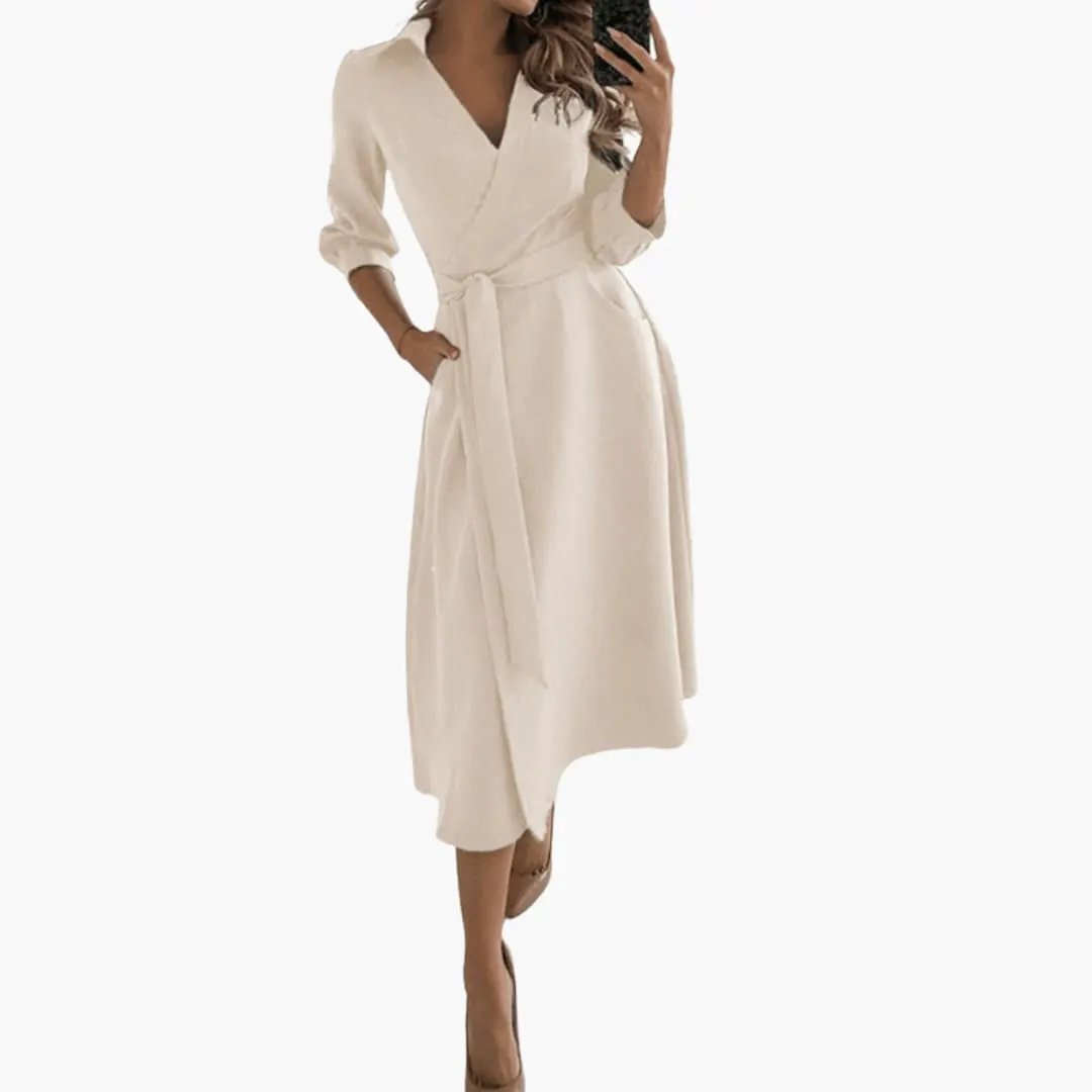 Celine | Women’s Midi Dress With Lapel Collar Split Hem Waist Bow