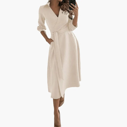 Celine | Women’s Midi Dress With Lapel Collar Split Hem Waist Bow