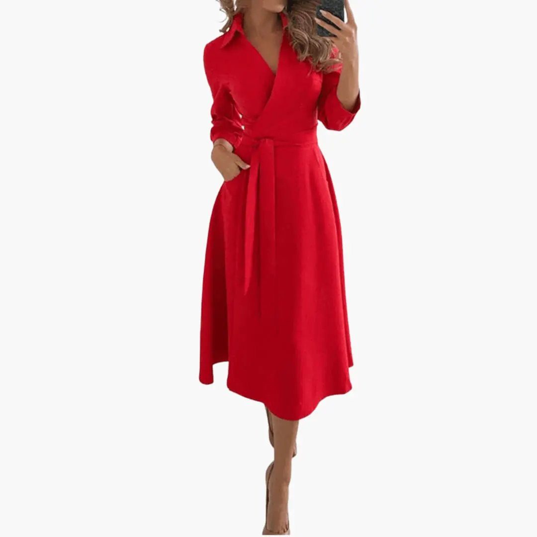 Celine | Women’s Midi Dress With Lapel Collar Split Hem Waist Bow