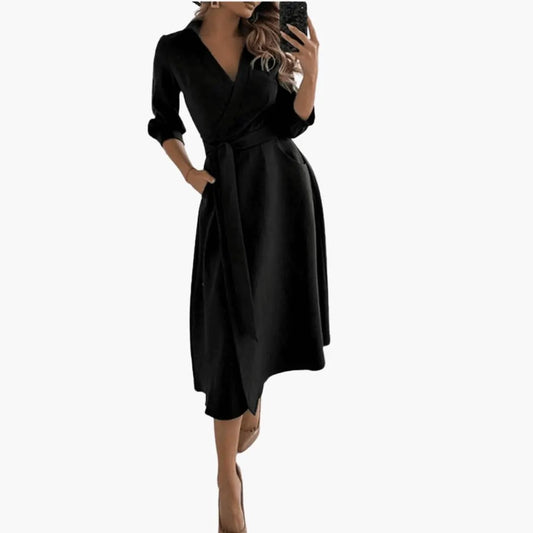 Celine | Women’s Midi Dress With Lapel Collar Split Hem Waist Bow