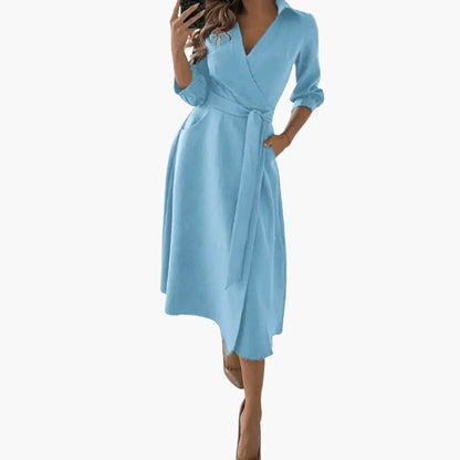 Celine | Women’s Midi Dress With Lapel Collar Split Hem Waist Bow
