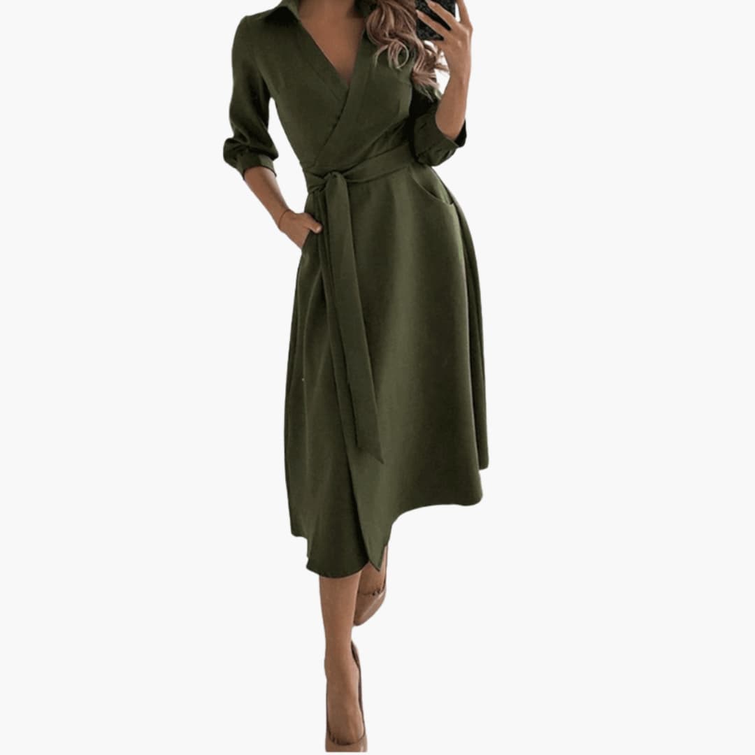 Celine | Women’s Midi Dress With Lapel Collar Split Hem Waist Bow