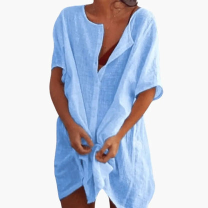 Nora | Women’s Loose Fit Tunic Dress With V Neck Short Sleeves