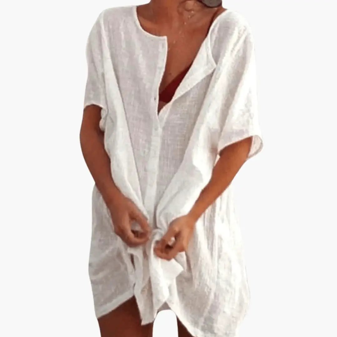 Nora | Women’s Loose Fit Tunic Dress With V Neck Short Sleeves