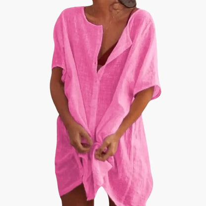Nora | Women’s Loose Fit Tunic Dress With V Neck Short Sleeves