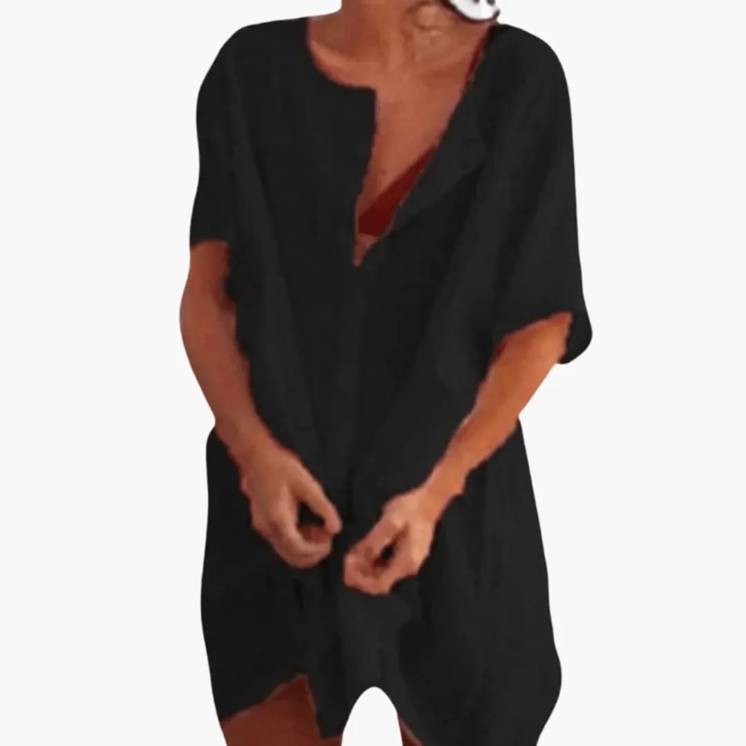 Nora | Women’s Loose Fit Tunic Dress With V Neck Short Sleeves