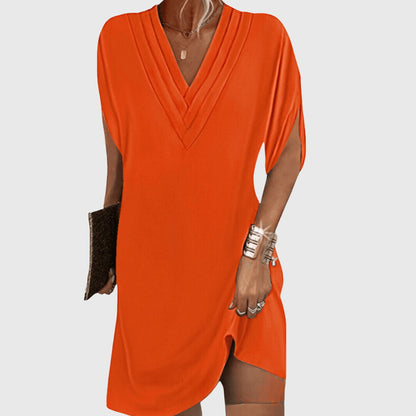 Nerisa | Women V Neck Loose Fit Mini Dress with Short Sleeves