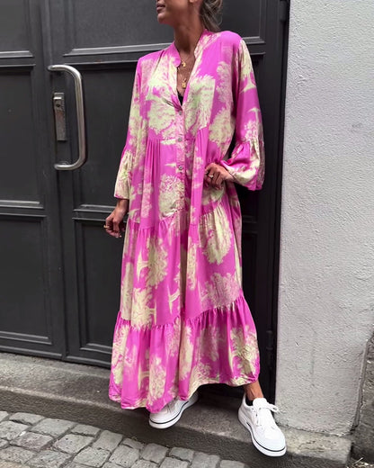 Una | Maxi Dress With Print Ruffle Sleeves Stand Collar
