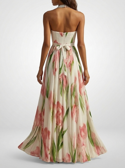 Joanna | Floral Watercolor Chiffon Maxi Dress With Halter Neck