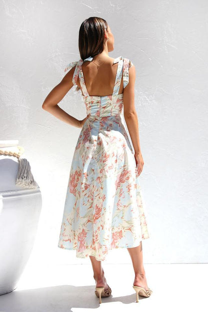 Ivy | Midi Dress With Floral Wedding Guest Tie Shoulder Ruched