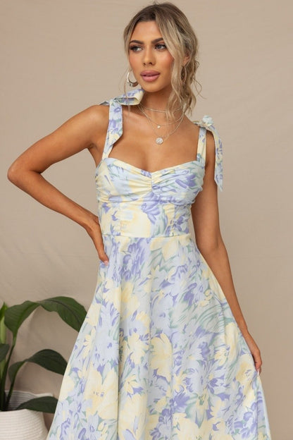Ivy | Midi Dress With Floral Wedding Guest Tie Shoulder Ruched
