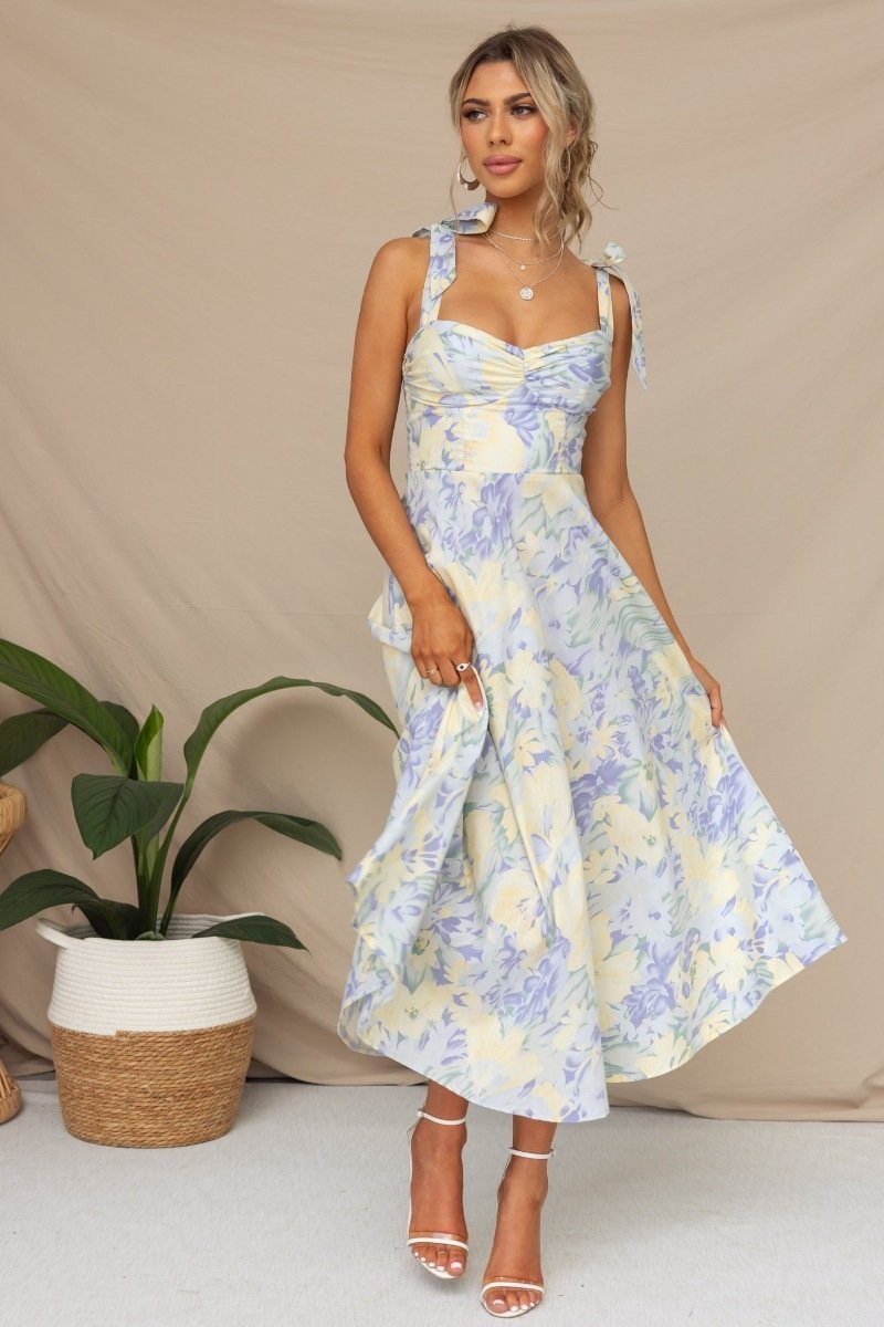 Ivy | Midi Dress With Floral Wedding Guest Tie Shoulder Ruched